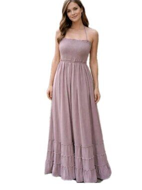 New Womens Cottagecore Tiered Wedding Event Smocked Maxi Dress Sz Large Lavender